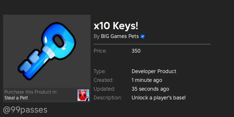 🚨 New Developer Product Detected! 🚨
Name: x10 Keys!
Price: 350 Robux
Link: roblox.com/developer-prod…