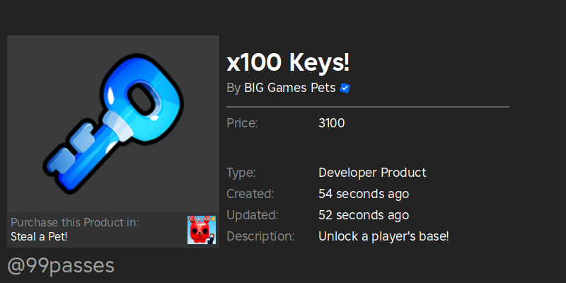 🚨 New Developer Product Detected! 🚨
Name: x100 Keys!
Price: 3100 Robux
Link: roblox.com/developer-prod…