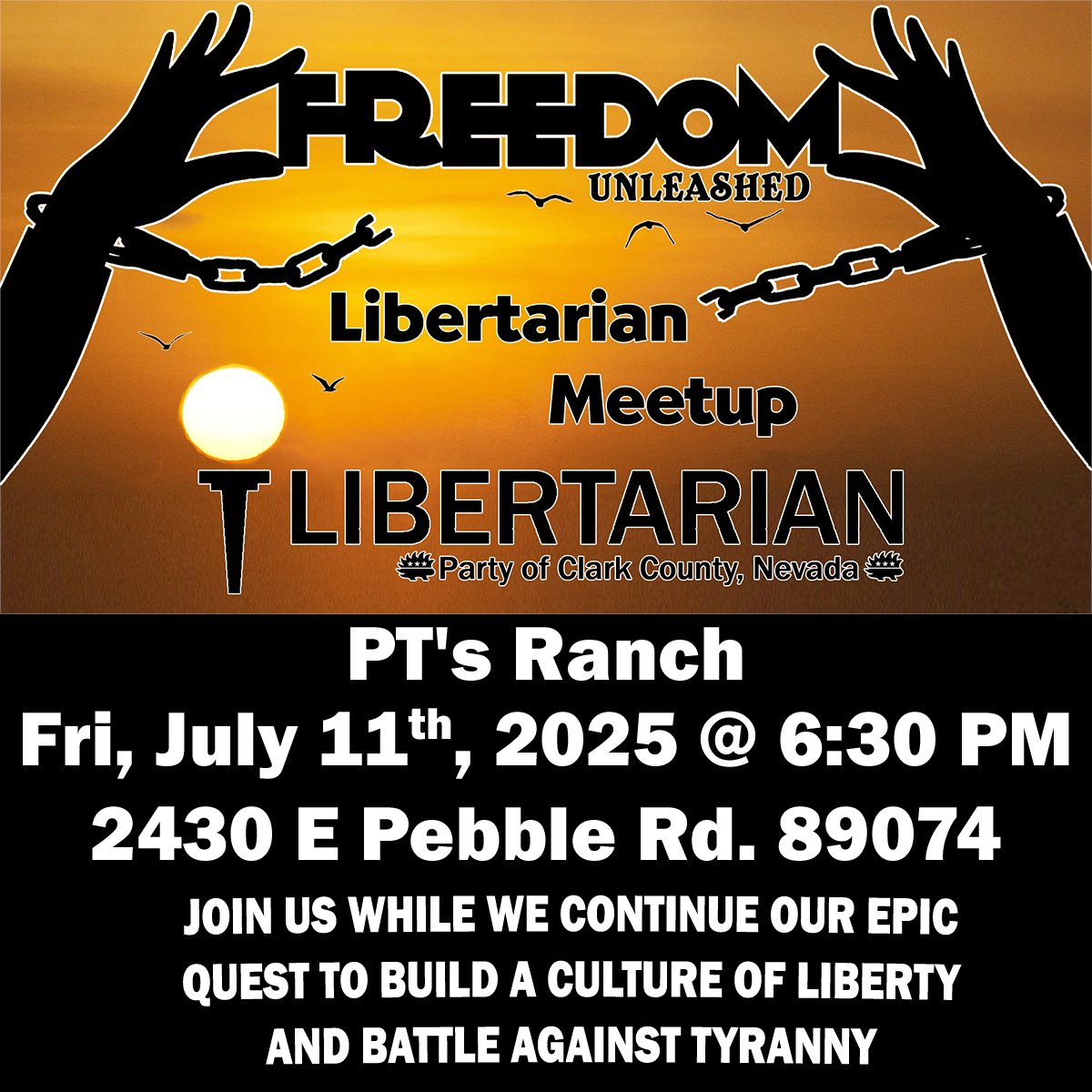 lpnevada's tweet image. Liberty curious? Want to know what the Libertarian Party is all about? Looking for new friends that are tired of government overreach? If so, come hang out at PT's Ranch on Pebble and Eastern!

When:
July 11th, 2025 from 6:30pm to 9:30pm

Where:
PT's Ranch
2430 E Pebble Rd…