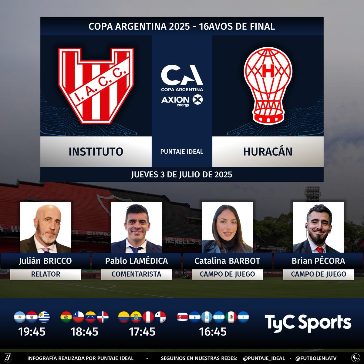 Puntaje Ideal (@puntaje_ideal) on Twitter photo ⚽ #CopaArgentina 🇦🇷 | #Instituto vs. #Huracán
🎙 Relator: Julián Bricco
🎙 Comentarista: <a href="/pablolamedica/">Pablo Lamédica</a>
🎙 Campo de juego: <a href="/catalina_barbot/">Cata Barbot</a> - <a href="/BrianEPecora/">Brian Pécora</a>
📺 <a href="/TyCSports/">TyC Sports</a> 🇦🇷 y <a href="/TyCSports/">TyC Sports</a> Internacional
💻📱 <a href="/TyCSportsPlay/">TyC Sports Play</a> 🇦🇷
🤳 #CopaArgentinaEnTyCSports
Dale RT 🔃 ⚽ #CopaArgentina 🇦🇷 | #Instituto vs. #Huracán
🎙 Relator: Julián Bricco
🎙 Comentarista: <a href="/pablolamedica/">Pablo Lamédica</a>
🎙 Campo de juego: <a href="/catalina_barbot/">Cata Barbot</a> - <a href="/BrianEPecora/">Brian Pécora</a>
📺 <a href="/TyCSports/">TyC Sports</a> 🇦🇷 y <a href="/TyCSports/">TyC Sports</a> Internacional
💻📱 <a href="/TyCSportsPlay/">TyC Sports Play</a> 🇦🇷
🤳 #CopaArgentinaEnTyCSports
Dale RT 🔃