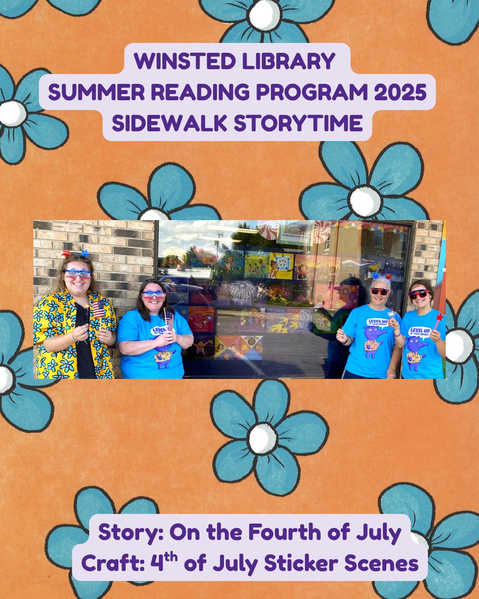 Winsted_Library's tweet photo. For this week's Sidewalk Storytime story, On the Fourth of July, we're putting on our sunglasses, lighting sparklers, &amp; getting ready to enjoy parades &amp; fireworks! 🇺🇸🎇
Read the story until next Monday &amp; pick up a craft. 

 #WinstedLibrary #SidewalkStorytime #SummerReading https://t.co/R4tOnI0lep