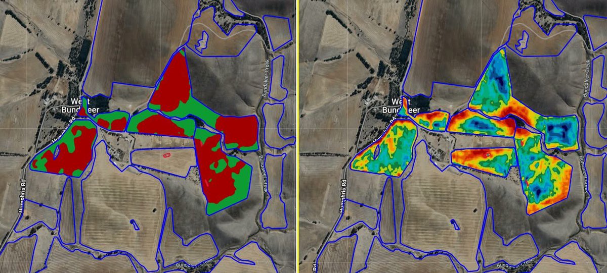 We're still here ☺️

Slug terror - made a basic prescription to up the bait rate on any paddocks that are susceptible to being smashed by the little critters. Used satellite images from the last canola rotation in 2021 to identify these zones (red zones on the right).