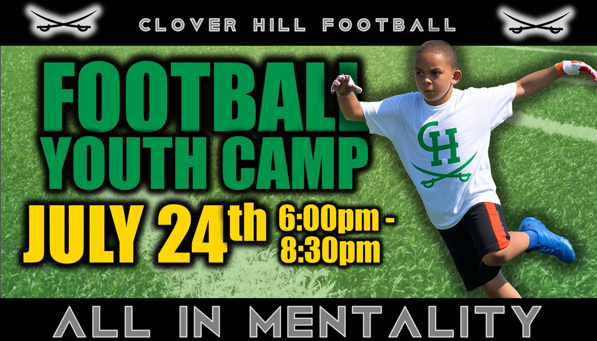 🏈 Clover Hill Youth Football Camp (Ages 6–13)
📅 Thurs, July 24 | ⏰ 6–8:30 PM
📍 Clover Hill HS Football Stadium
🧢 Bring cleats &amp; water bottle
💰 FREE — registration required
🔗 tinyurl.com/CloverHillFoot…
#AIM #GoCavs #CloverHillFootball #YouthCamp