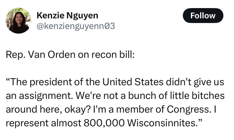 Derrick Van Orden is indeed, Trumps little bitch.  Sad. 

Van Orden doesn’t work for WI-03. 

<a href="/RepVanOrden/">Rep. Derrick Van Orden Press Office</a>