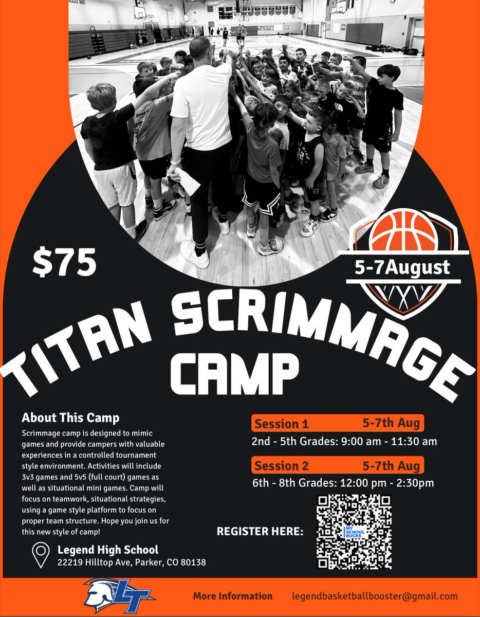Legend Titan Youth Scrimmage Camp Registration is Open‼️

Camp format will be 5v5 games coached by our current HS players. Camp is gonna be 🔥

Join us, August 5th-7th @ Legend High School