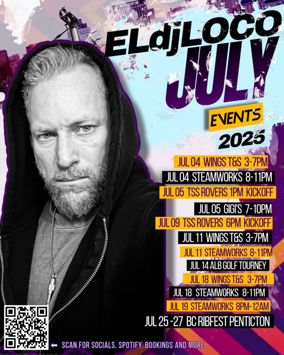 JULY is fully LOCO:
🎧 Wings Tap &amp; Social: July 4, 11, 18
🎧 Steamworks: Fridays + July 19
🎧 TSS Rovers: July 5 &amp; 9
🎧 GiGi’s Coquitlam: July 5
🎧 A Little Bud Golf: July 14
🎧 BC Ribfest Penticton: July 25–27

Aug/Sept booking now — DM me!
#ELdjLOCO #SummerSets
