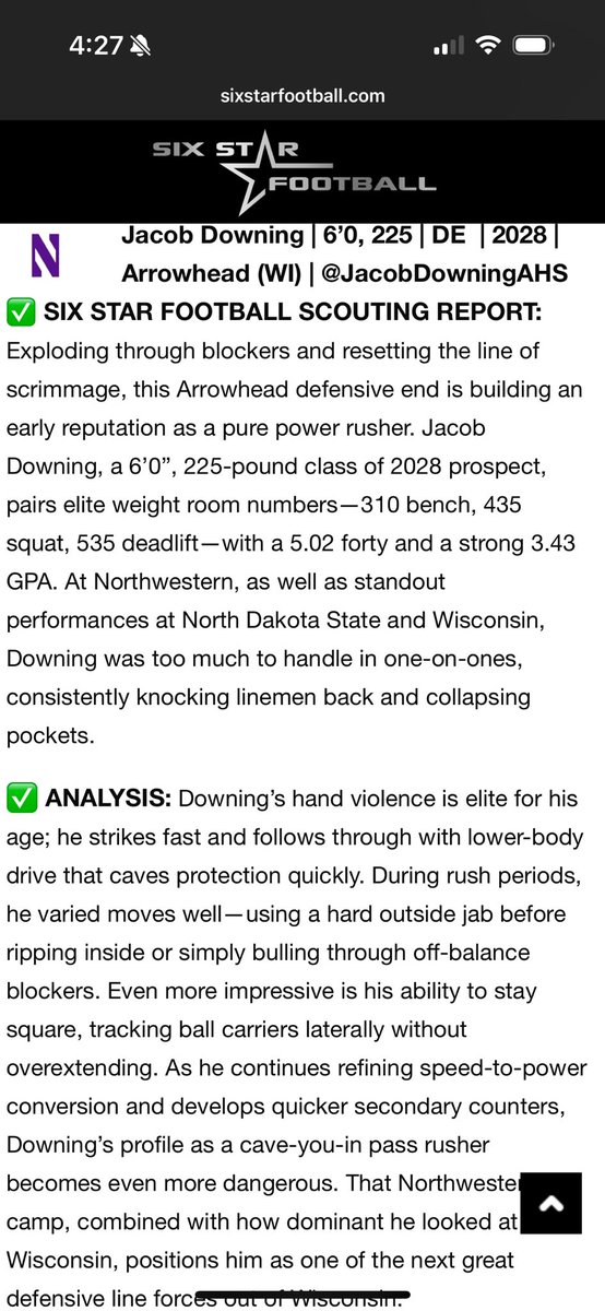 Jacob Downing 2028 DL (@jacobdowningahs) on Twitter photo Thank you <a href="/sixstarfootball/">Six Star Football | PLUS+</a> for the write up and analysis of my camp performance at Northwestern. <a href="/NickHaydenWI/">Nick Hayden</a> <a href="/CoachHarris28/">Matthew Harris</a> <a href="/CoachSmith_9/">Christian Smith</a> Thank you <a href="/sixstarfootball/">Six Star Football | PLUS+</a> for the write up and analysis of my camp performance at Northwestern. <a href="/NickHaydenWI/">Nick Hayden</a> <a href="/CoachHarris28/">Matthew Harris</a> <a href="/CoachSmith_9/">Christian Smith</a>