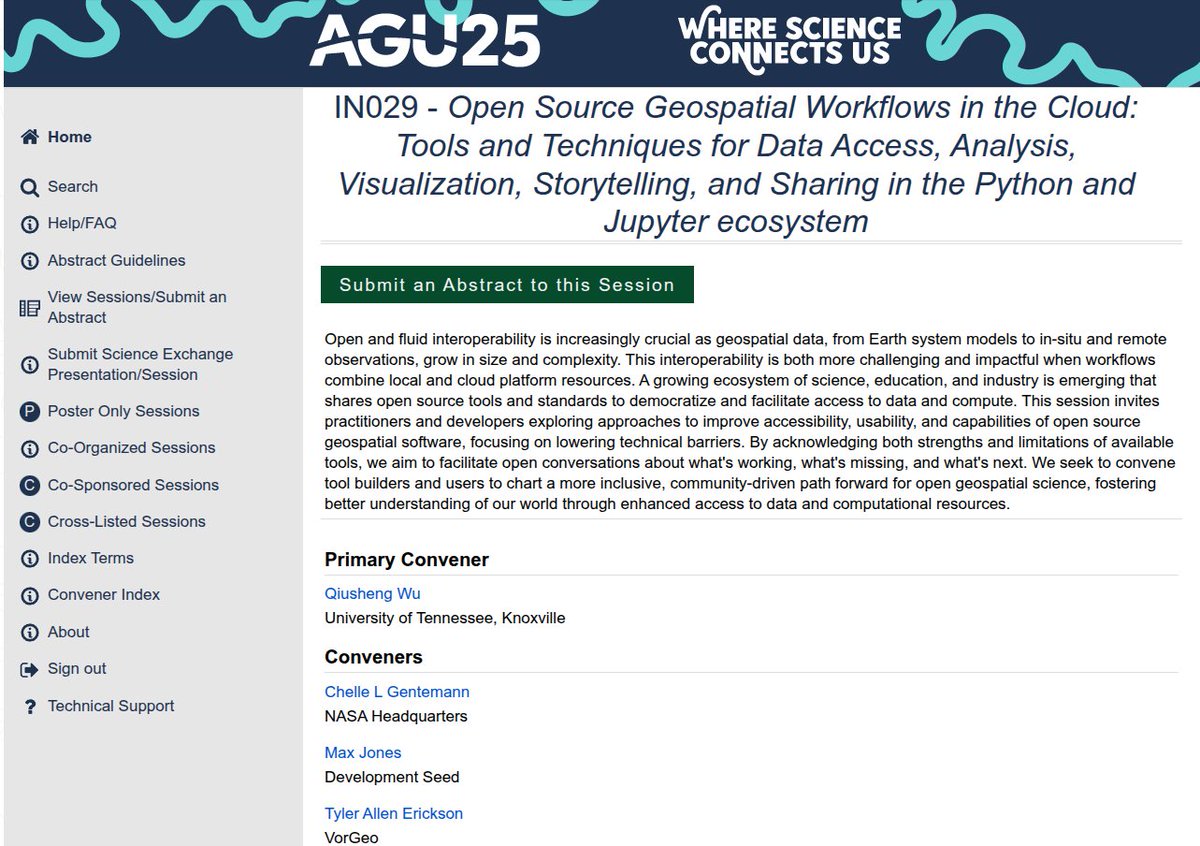 giswqs's tweet photo. 📣  Call for Submissions: AGU Session on "Open Source Geospatial Workflows in the Cloud"  🌍

We invite you to submit your work to our exciting AGU session focused on the innovative use of open-source geospatial workflows in cloud environments. Join us in exploring cutting-edge practices and tools that are shaping the future of geospatial data.

Submit here: https://t.co/vqPoGdb94W

Session convener: Chelle Gentemann, Max Jones, Tyler Erickson, Matt Fisher, Fernando Pérez

#geospatial #opensource #datavisualization #AGU25