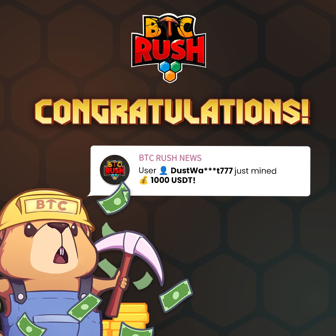 BTCRushGame's tweet image. First Rusher just mined 1000 $USDT! 🎉
There are still 9 more 1000 $USDT prizes waiting to be dug up, but if this post gets 50+ RTs, we’ll add 5 extra 1000 $USDT prizes to the pool.
Let’s make it rain! 🤑