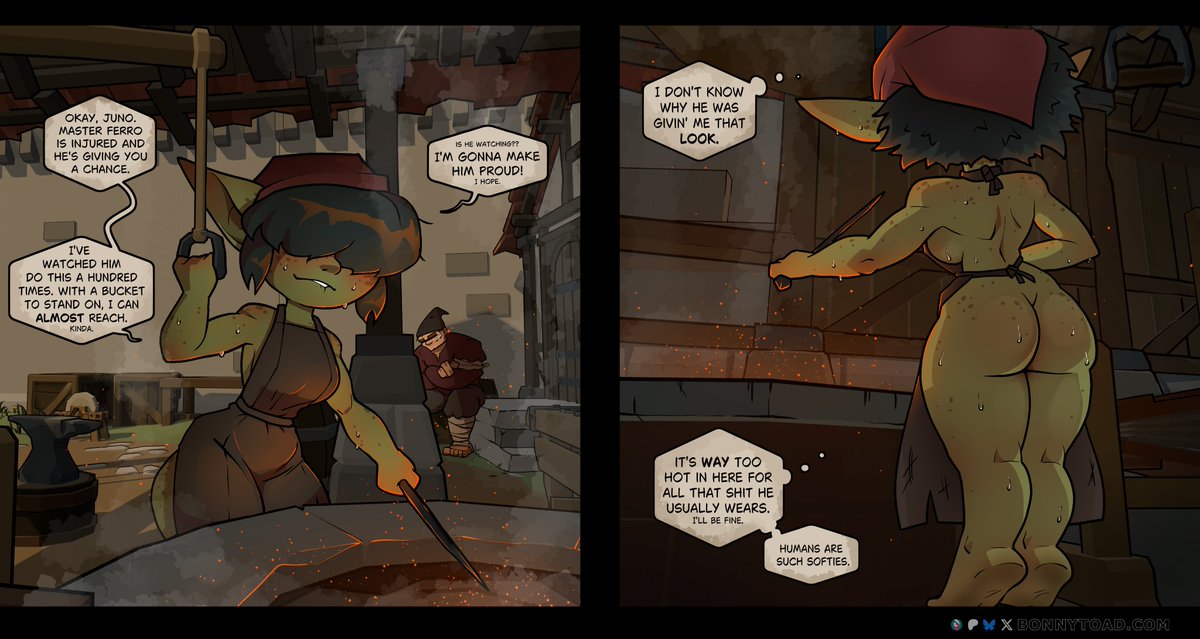 The blacksmith's new apprentice was delighted to get the position, despite the previous apprentice's mysterious disappearance. She's got some interesting ideas about workplace safety, and seems primed for a few painful lessons.