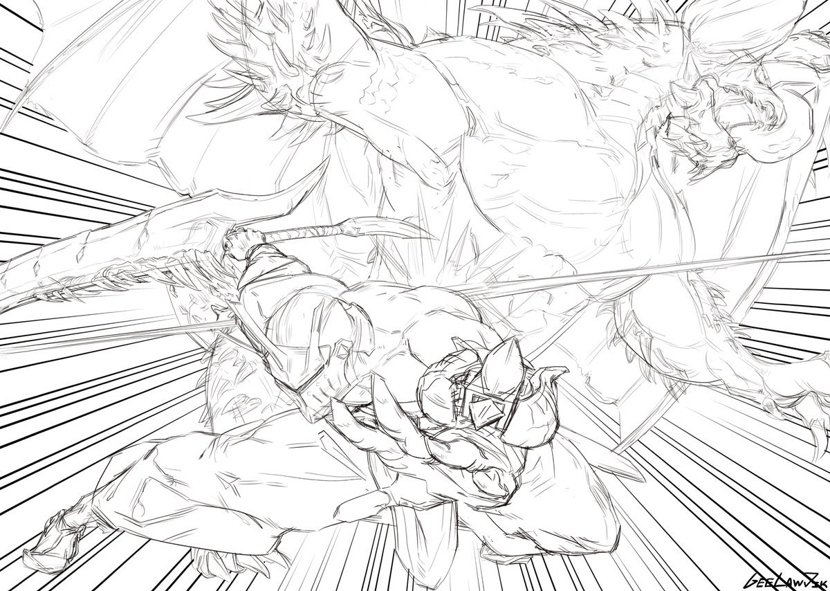 NotGeeLawjik's tweet photo. My friend @CozyyMane's mh oc (with surprise guest Nergigante) #MonsterHunter #art #illustration #manga #comicart https://t.co/JHitkZ5vyi