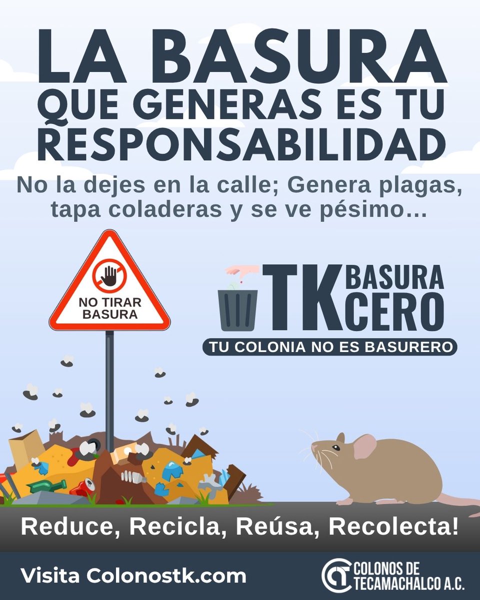 🚫 No tires basura en la calle
🐀 Evita plagas, coladeras tapadas y un entorno sucio
♻ Súmate a #TKBasuraCero
Tu colonia luce limpia con tu apoyo.
👉 Reduce. Recicla. Reúsa. Recolecta.
🔗 colonostk.com