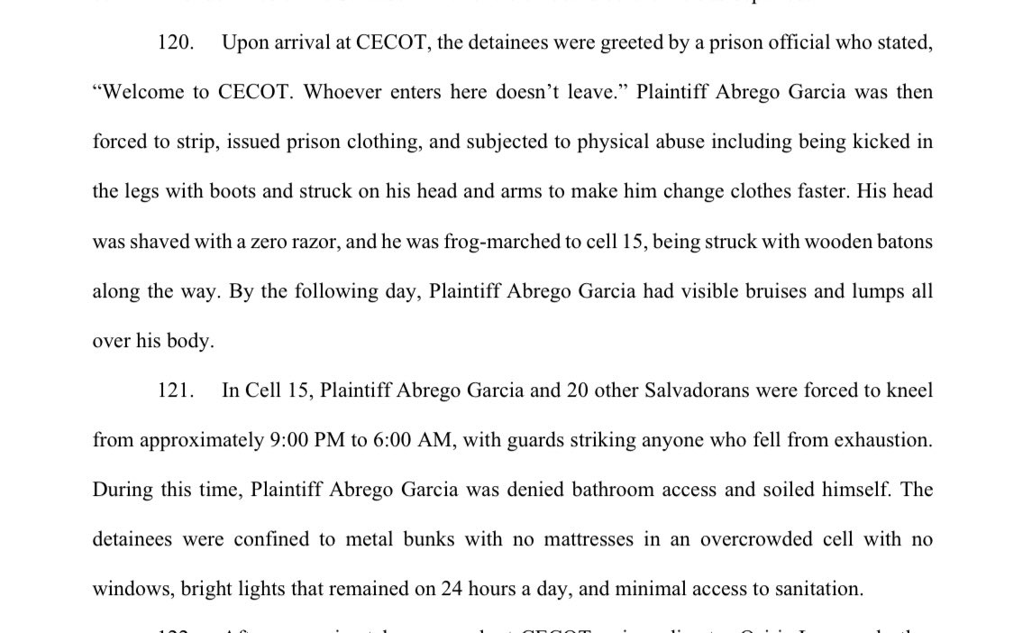 Megankstack's tweet image. Details of El Salvador’s black box prison from Kilmar Abrego Garcia. 

This is where our government sends people with no due process. 

Social media influencers and US politicians get staged tours of CECOT and rave about how great it is.