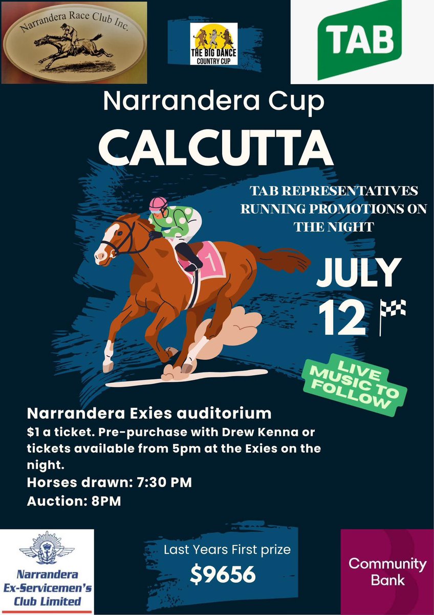 Not long until Narrandera Race Club Inc 🏆 week is here. 🏇🏻 

Get in touch if you would like some tickets in the Calcutta. Last year’s winning group of locals walked away with just shy of $10,000!
