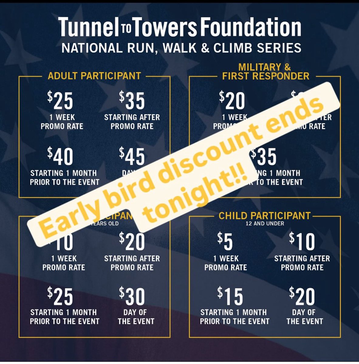 T2TTriangle's tweet image. The clock is ticking‼️Register today to receive the early bird pricing. Prices go up tomorrow!!

Registration is NOW OPEN for the Tunnel to Towers 5K Run &amp;amp; Walk in The Triangle, NC on Saturday, October 11th, 2025 at the Forest Pines Elementary School.

runwalkthetriangle.t2t.org