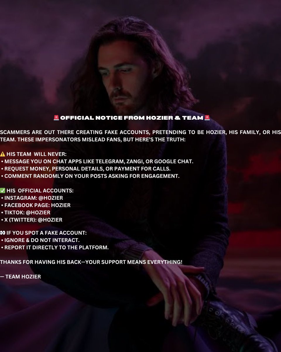 accesshozier's tweet image. I’ve worked closely with Andrew for many years, and protecting his privacy and integrity is something I take seriously.

If you ever come across anyone claiming to be him, and you’re unsure , you can always message me here to confirm.

Stay safe, stay smart

— Caroline Downey🍀