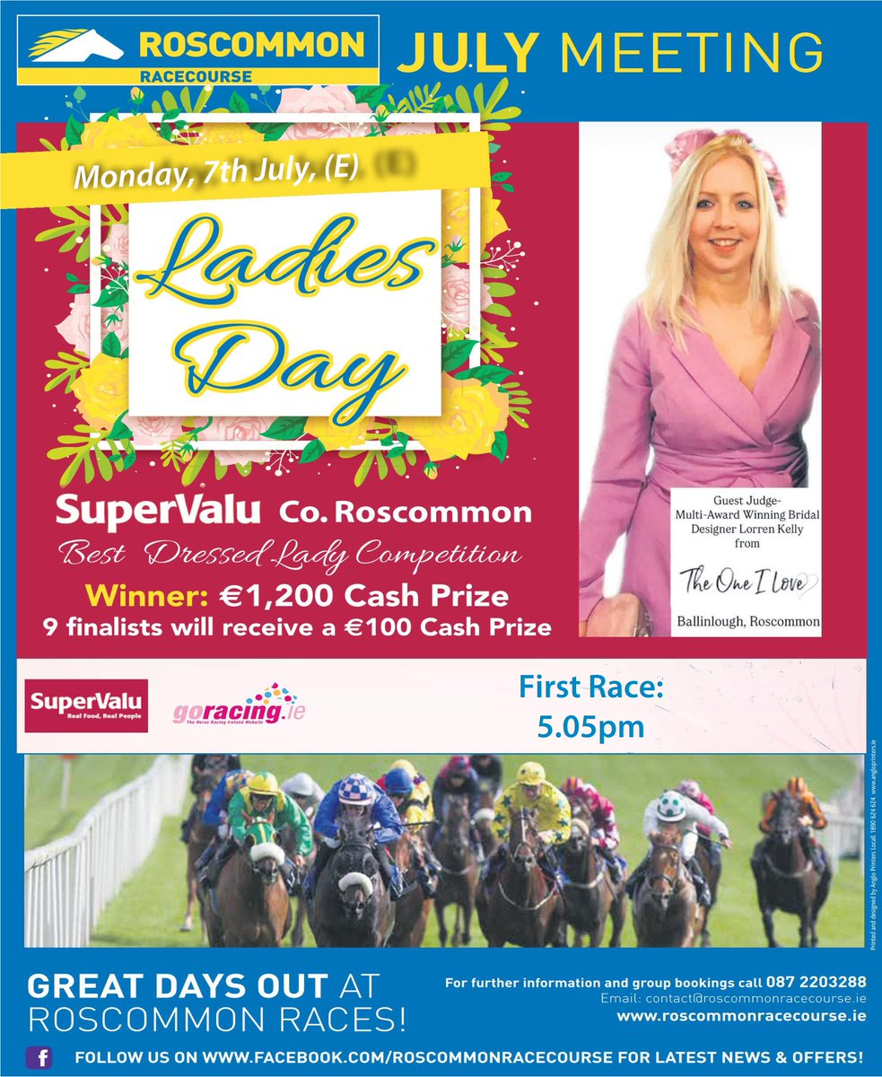 🎩✨ LADIES DAY THIS MONDAY! ✨🎩
Roscommon Racecourse's glamorous Ladies Day returns Monday 7th July!
👗 Best Dressed Competition - €1,200 winner
🏇 First Race: 5:05pm
🎟️ Adults €15 | OAP/Students €10 | Kids U16 FREE
💰 Save 10% online bit.ly/4koleno

#ladiesday