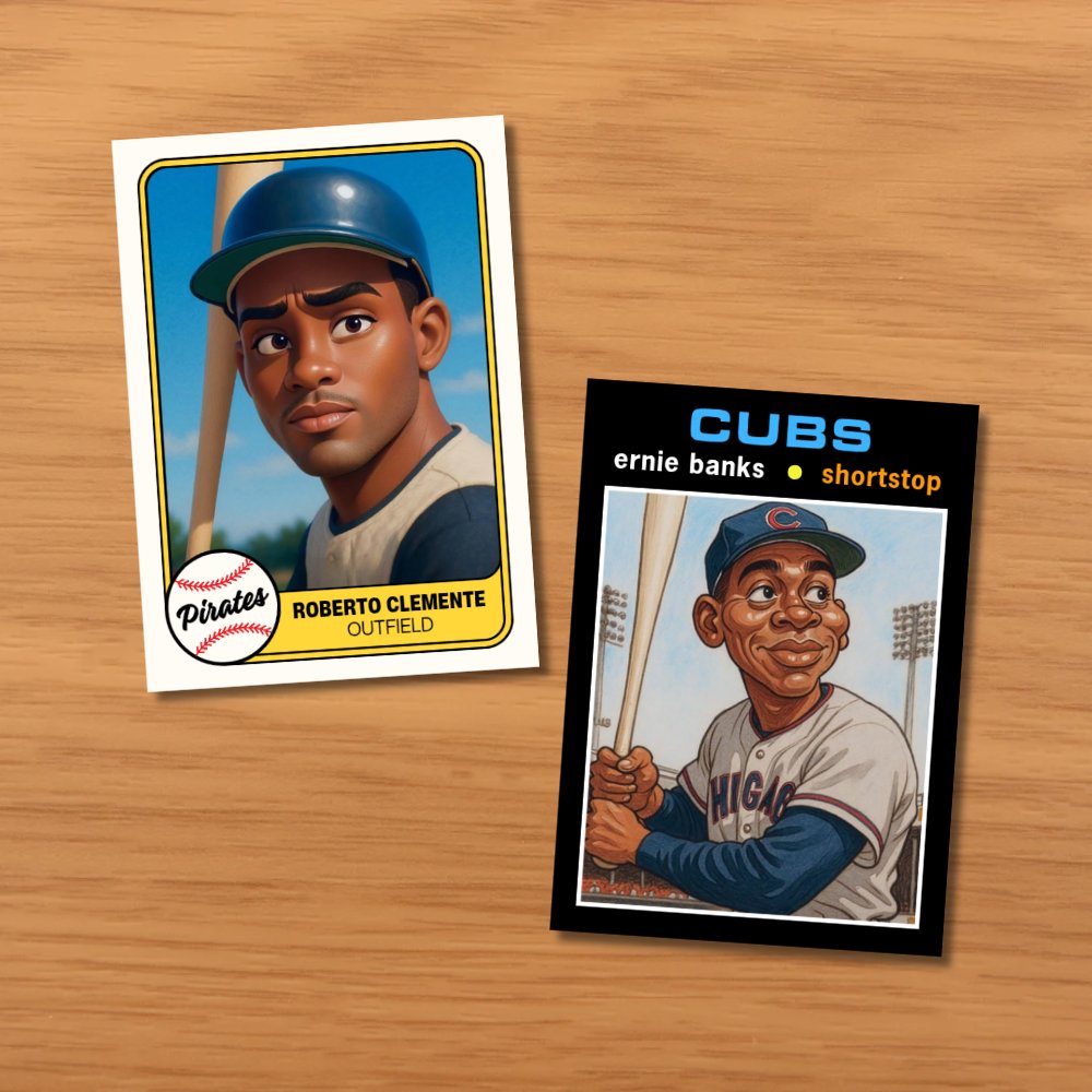 roselleavenue's tweet image. Couple of fun new custom card creations of Roberto Clemente #Pirates and Ernie Banks #Cubs πβοΈ