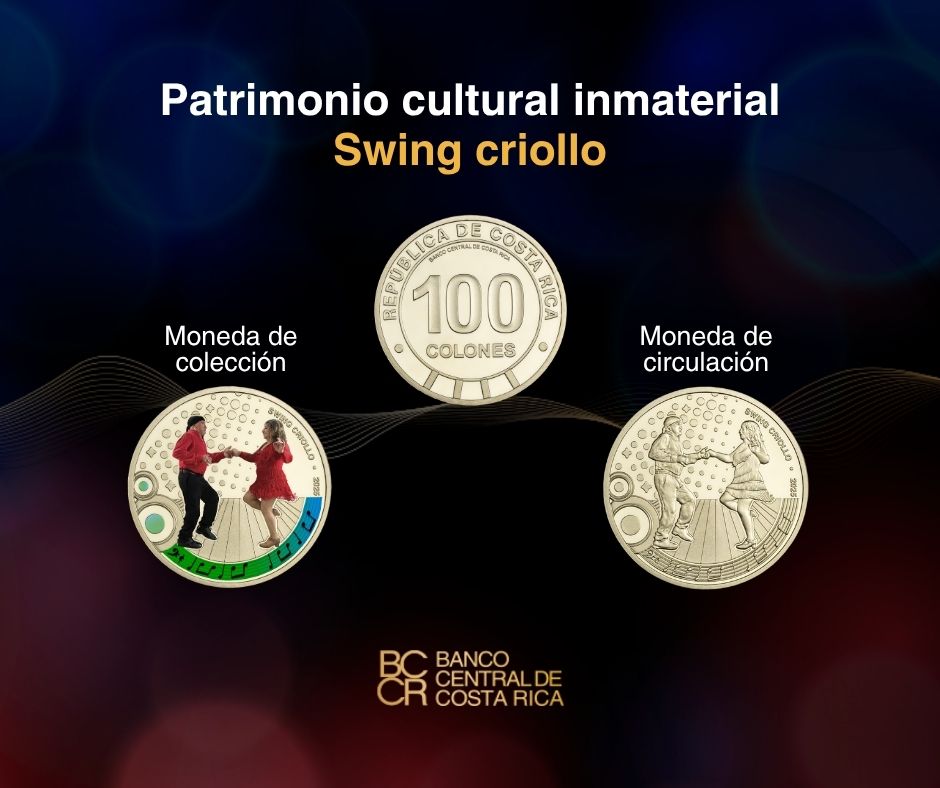 BancoCentralCR's tweet image. 🎉 El 23 de julio saldrá a la venta la primera moneda de colección de ₡100 con la temática «Patrimonio cultural inmaterial» y el primer motivo relacionado con el swing criollo. 💃🕺
✅ Más detalles de los lugares de venta en este comunicado de prensa: ow.ly/56ow50Wk3jL