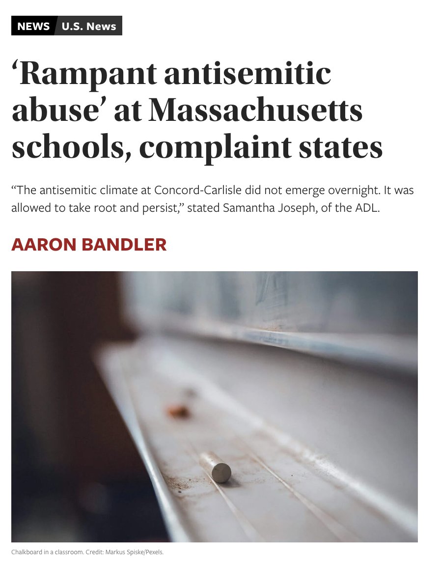 Aaron Bandler (@bandlersbanter) on Twitter photo By me in <a href="/JNS_org/">Jewish News Syndicate</a>: 🧵
Two public schools in Concord, Mass., are guilty of an “alarming pattern of antisemitic bullying, slurs, threats and retaliation,” leading at least one Jewish student to leave the Concord-Carlisle Regional School District “to escape the hostile climate,” By me in <a href="/JNS_org/">Jewish News Syndicate</a>: 🧵
Two public schools in Concord, Mass., are guilty of an “alarming pattern of antisemitic bullying, slurs, threats and retaliation,” leading at least one Jewish student to leave the Concord-Carlisle Regional School District “to escape the hostile climate,”