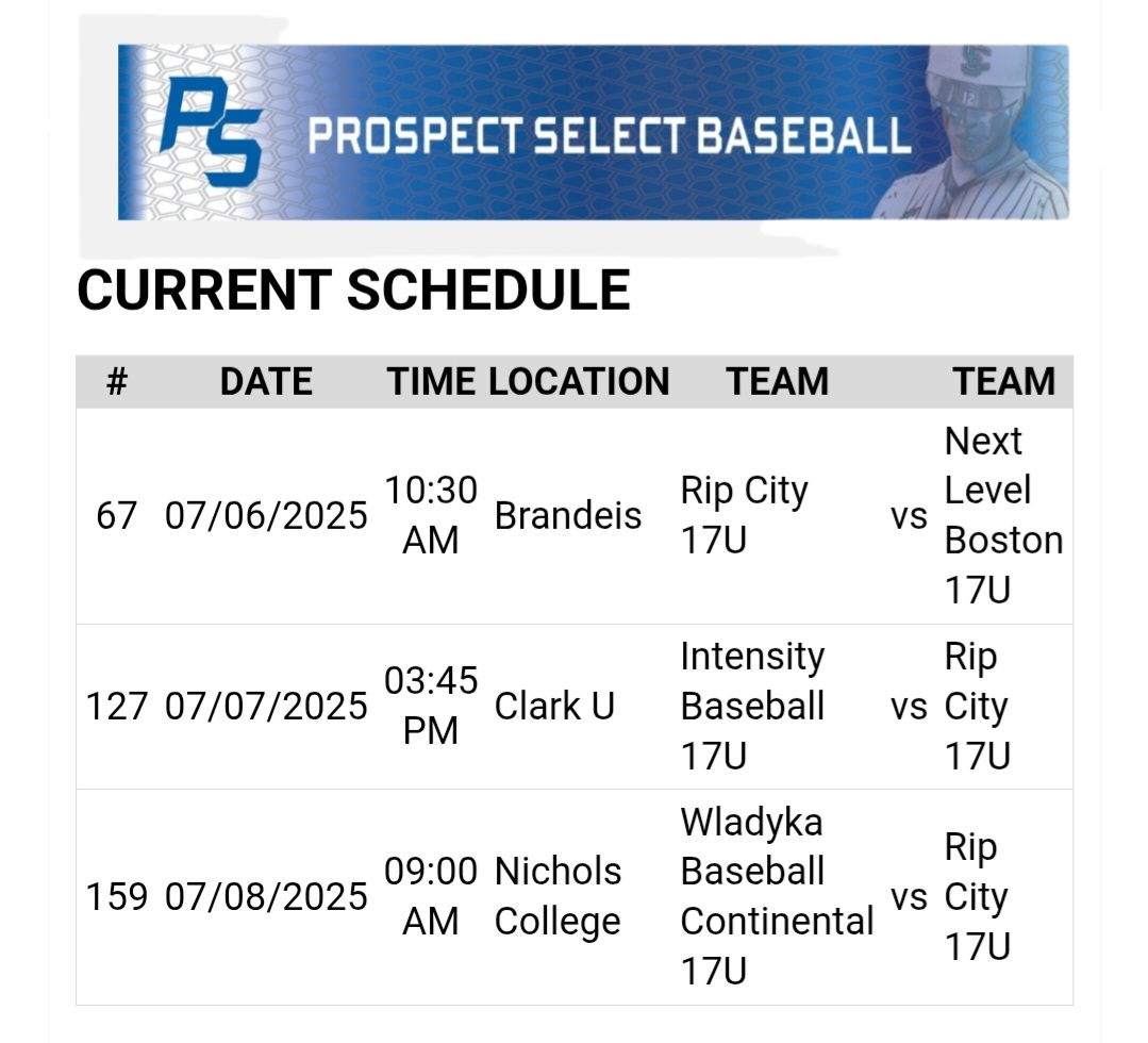 mattegan_11's tweet photo. Here's my schedule for the Boston Classic starting this Sunday, 7/6.  I'll be in relief on Sunday morning at Brandeis, starting in CF on Monday afternoon at Clark, and starting on the mound on Tuesday morning at Nichols. @RipCityAcademy @PBNewEngScout @PSBaseballScout https://t.co/VJx5q43bLA