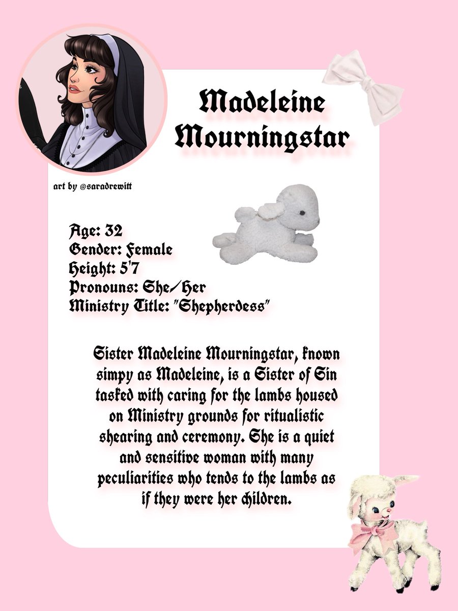 secondosfemme's tweet image. 🐑 sister madeleine 🐑
behold!!! a newly updated character sheet on my oc :3 i've changed a few things about her, added her backstory and some insight on her relationship with secondo