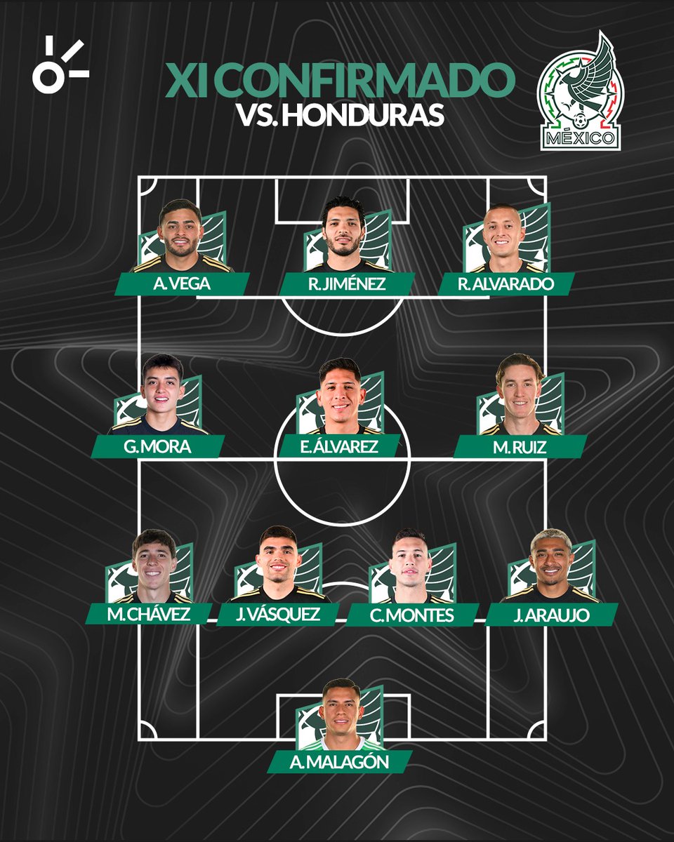 ClaroSports's tweet photo. ¡PARA LLEGAR A LA FINAL! 🔥🇲🇽⚽

Este es el cuadro inicial de Javier Aguirre para enfrentar a Honduras en las semifinales de #CopaOro 🫡

Regresa César Montes y Gilberto Mora se mantiene como titular de la selección mexicana 💥 https://t.co/cS3K5Up8FT