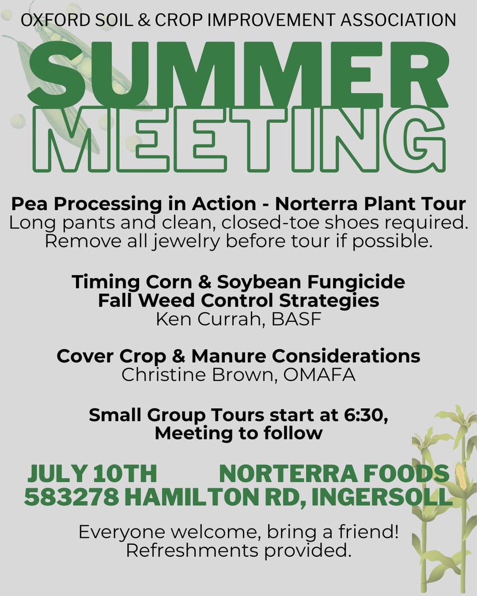 Oxford <a href="/OntarioSoilCrop/">Ontario Soil & Crop</a> summer meeting July 10th. 
NORTERRA plant tour
<a href="/Ken_Currah/">Ken Currah, CCA-On</a> covering fungicides and fall weed control
<a href="/manuregirl/">Christine Brown</a> talking cover crops and manure. 
Everybody welcome!
<a href="/TVRSCIA/">Cathy Dibble</a>