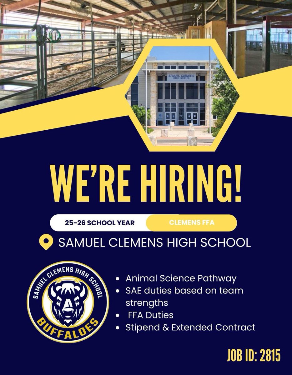 Clemens High School (@samuelclemenshs) on Twitter photo We are looking for an Ag teacher! Join the herd! Apply at SCUCISD.org Job #2815
<a href="/scucisd_cte/">SCUCISD CTE</a> We are looking for an Ag teacher! Join the herd! Apply at SCUCISD.org Job #2815
<a href="/scucisd_cte/">SCUCISD CTE</a>