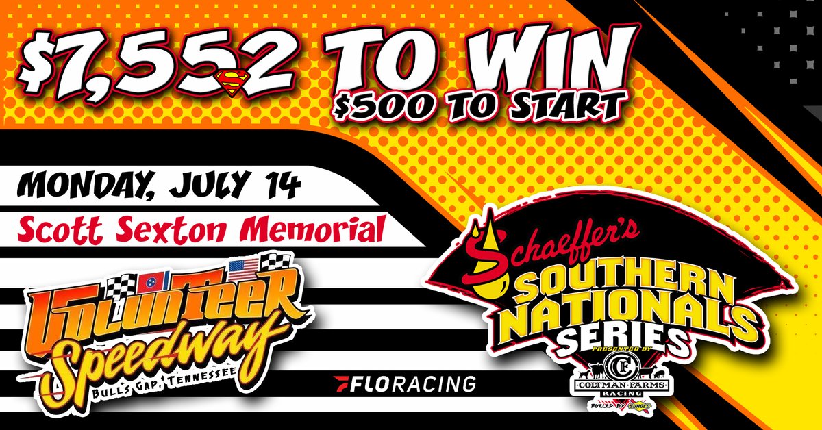 Southern Nationals Series (@sonationals) on Twitter photo Round 3⃣ | <a href="/SchaefferOil/">Schaeffer Oil</a> #SouthernNationals
📆 Monday, July 14 - <a href="/TheGap_VolSpdwy/">Volunteer Speedway</a>
💰 $7,552 to win, $500 to start
🏁 Previous Winners: Jimmy Owens ('06 & '07), Tommy Kerr ('08 & '09), Jonathan Davenport ('10), Chris Madden ('11), Casey Roberts ('12), Vic Hill ('13)... more 👇 Round 3⃣ | <a href="/SchaefferOil/">Schaeffer Oil</a> #SouthernNationals
📆 Monday, July 14 - <a href="/TheGap_VolSpdwy/">Volunteer Speedway</a>
💰 $7,552 to win, $500 to start
🏁 Previous Winners: Jimmy Owens ('06 & '07), Tommy Kerr ('08 & '09), Jonathan Davenport ('10), Chris Madden ('11), Casey Roberts ('12), Vic Hill ('13)... more 👇