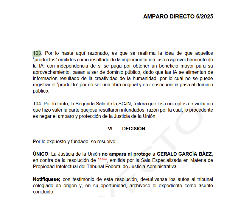 "Todo lo que se genere mediante IA en automático pasa a ser de dominio público".

De acuerdo con este AD 6/2025 resuelto por la Segunda Sala de la <a href="/SCJN/">Suprema Corte</a>. 

Ojo con los que promocionan que todo lo hacen mediante IA.