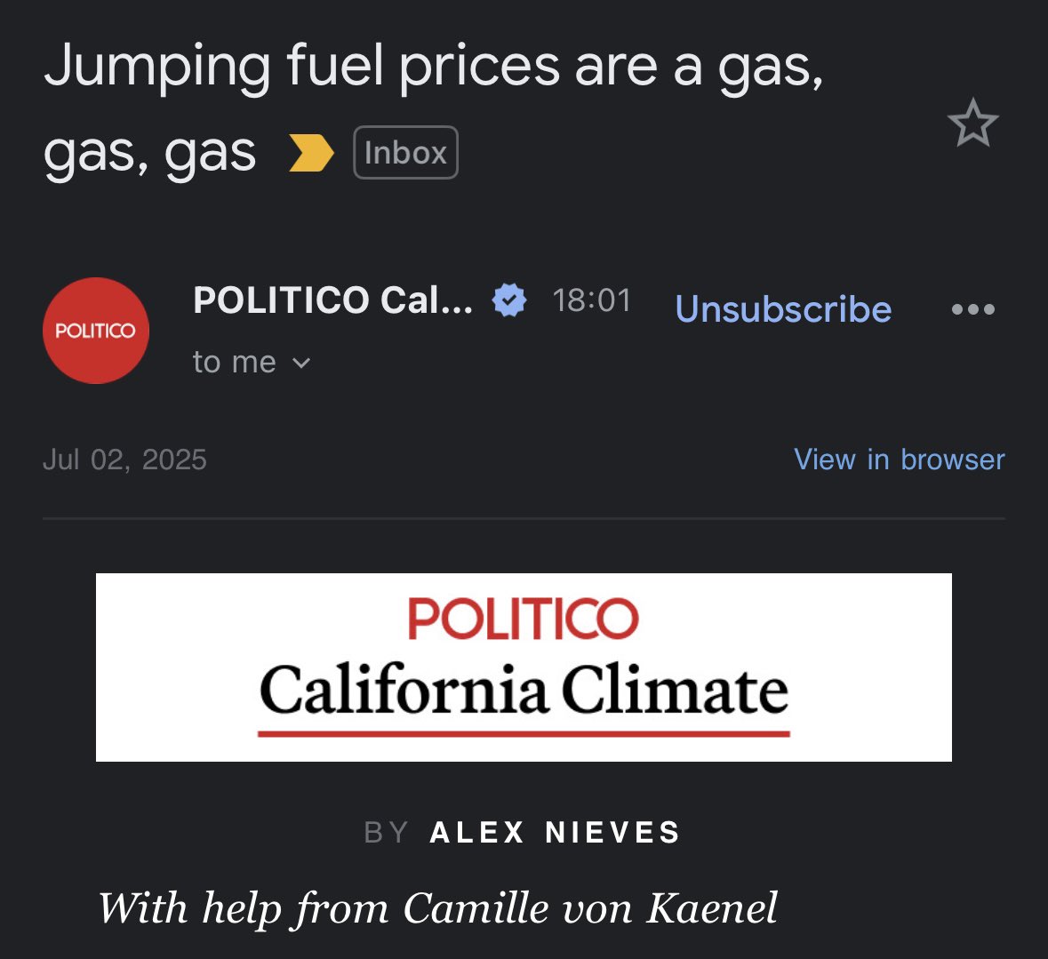 Christopher Cambises (@ccambises) on Twitter photo Even by the standards of recent <a href="/politicoca/">POLITICO California</a> titles, this is very good. Well done, <a href="/alexdrnieves/">Alex Nieves</a> and <a href="/cvonka/">Camille von Kaenel</a>. Even by the standards of recent <a href="/politicoca/">POLITICO California</a> titles, this is very good. Well done, <a href="/alexdrnieves/">Alex Nieves</a> and <a href="/cvonka/">Camille von Kaenel</a>.