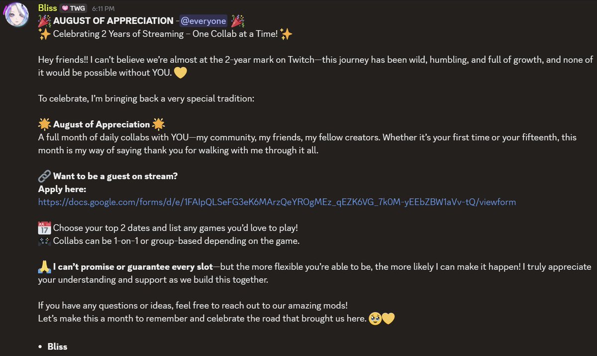 EloraBliss's tweet image. 🎉 AUGUST OF APPRECIATION 🎉
Celebrating 2 years on Twitch—1 collab at a time! 💛
This August, I’m hosting DAILY COLLABS with my community + creator friends to say THANK YOU.
New? Returning? Let’s make memories!
✨ Apply here to join me on stream:
🔗 docs.google.com/forms/d/e/1FAI…
I…