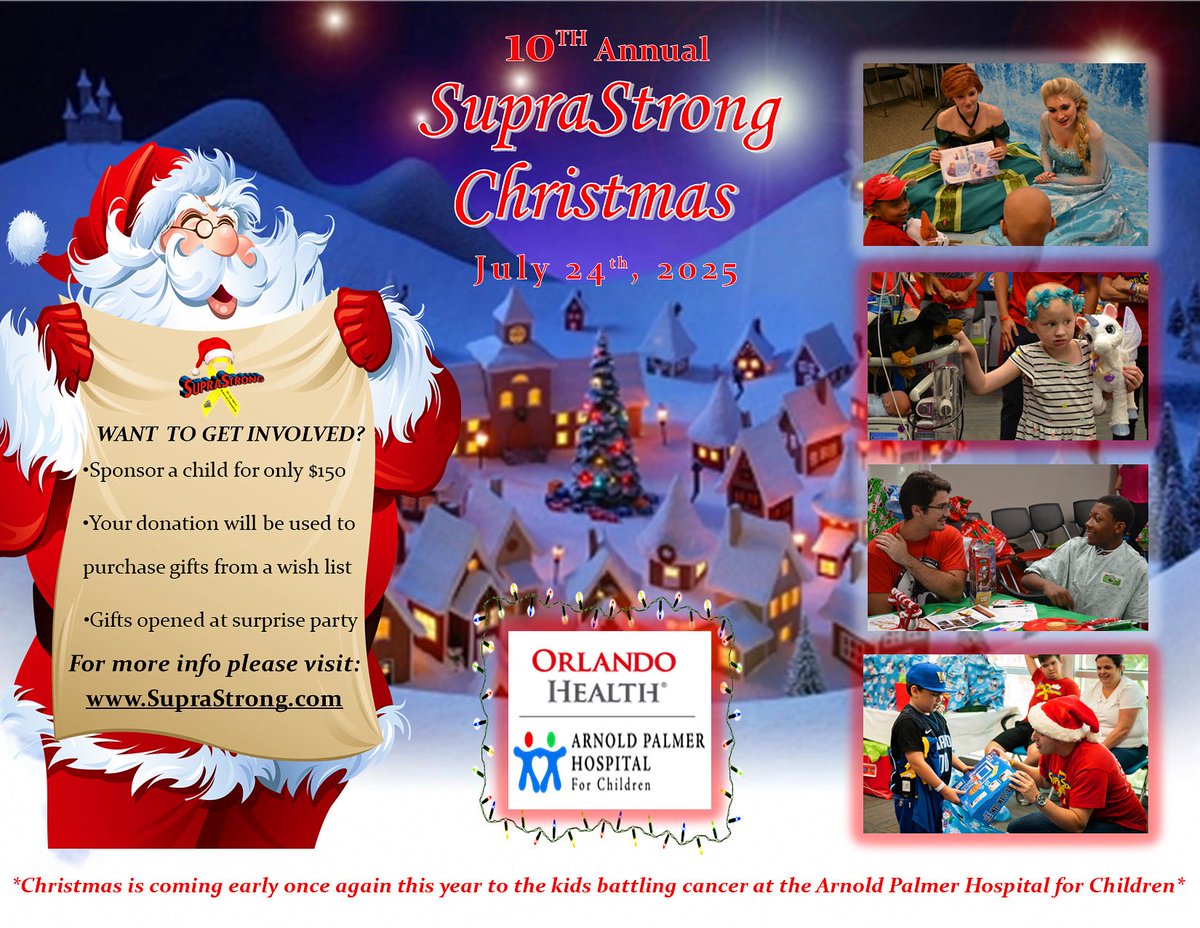 We’re bringing Christmas in July once again to the kids battling cancer at <a href="/APHospital/">Arnold Palmer Hospital for Children</a> 🎅🏻🎄🎁 If you or your company are interested in sponsoring a gift bag for only $150, please visit SupraStrong.com!❤️💙💛🎗️ #SupraStrongChristmas #SupraStrong <a href="/orlandohealth/">Orlando Health</a>