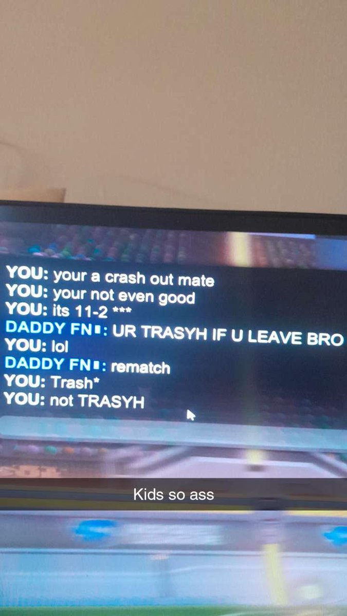 RFTspaz's tweet photo. Imagine talking shit in @RocketLeague cause apparently you weren't trying so the score was 11-2 and you wanted a rematch and still lost 6-4 what a joke kid #DADDYFN #ISASS #lol https://t.co/8VR0skApJ5