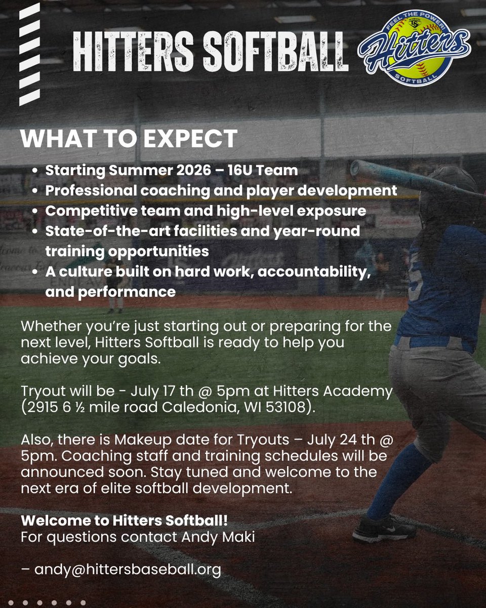 hittersbaseba11's tweet photo. The power of Hitters is now on the diamond for softball.🥎Introducing Hitters Softball.

Tryouts are July 17 at 5 PM at the Hitters Academy in Caledonia.

Email Andy Maki at andy@hittersbaseball.com with questions or visit https://t.co/dGwQY1xf48 for more info. https://t.co/n4pgZyNeNv