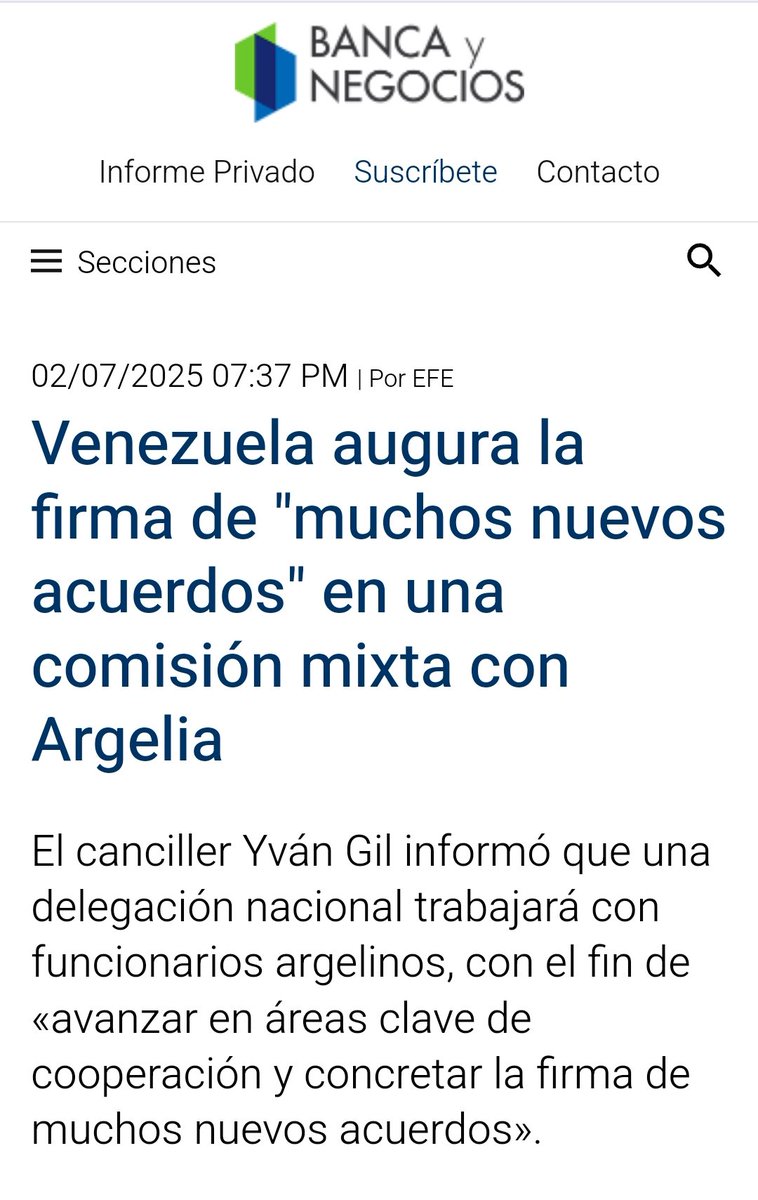 3️⃣#Argelia
📍Comisión Mixta Argelia Venezuela instalada en 🇩🇿.
📍Delegación 🇻🇪 integrada por ministros de Agricultura, Julio León; Ecosocialismo, Ricardo Molina y Comercio, Luis Villegas
📍Desde 1999 se han suscrito 42 acuerdos de cooperación 
📍Consejo Empresarial Argelino-Vzla