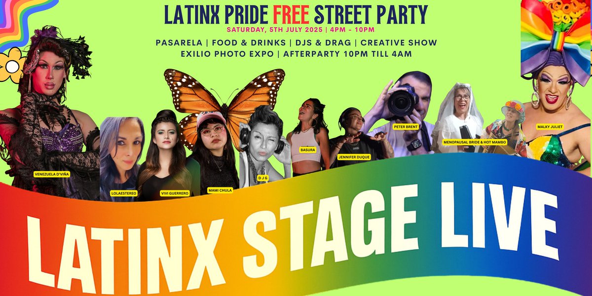 This Pride, join the most vibrant, inclusive and unapologetically Latinx celebration in London.

✨ From 4PM to 10PM, enjoy a free outdoor community stage packed with queer Latinx talent — dancers, DJs, poets, performers and more.
exilio.co.uk