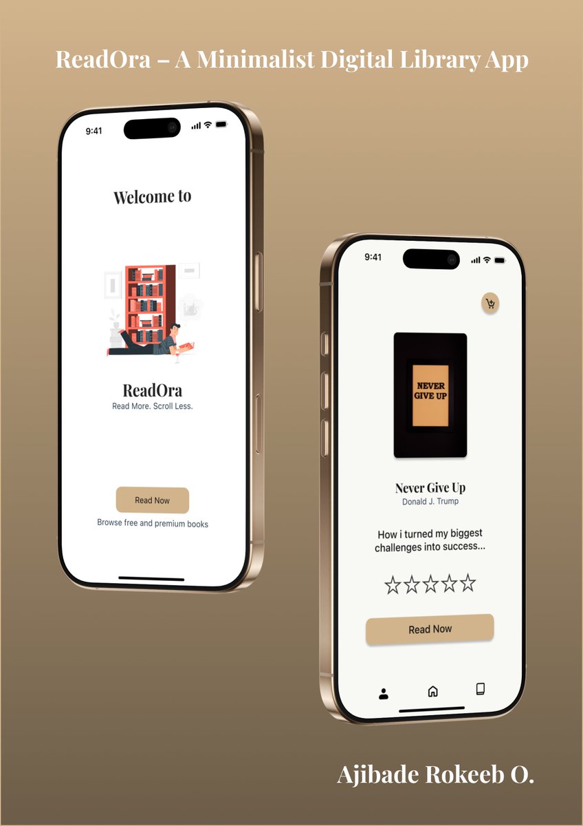 OlxGrafix's tweet image. 📚 Just designed ReadOra, a minimalist book reading app clean, simple, and made for calm reading.
Prototype + mockups ready. Open to UI/UX roles.
#UIUXDesign #Figma #BookApp #UX