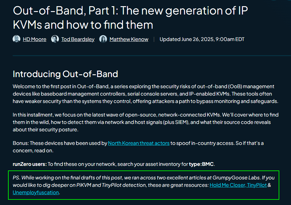 grumpygooselabs's tweet photo. The contributing writers for the Grumpy Goose Labs technology blog received a huge morale boost today when we realized that runZero used our research on KVM-over-IP for their publication!

Thank you, runZero! https://t.co/ovc4oMmEoq