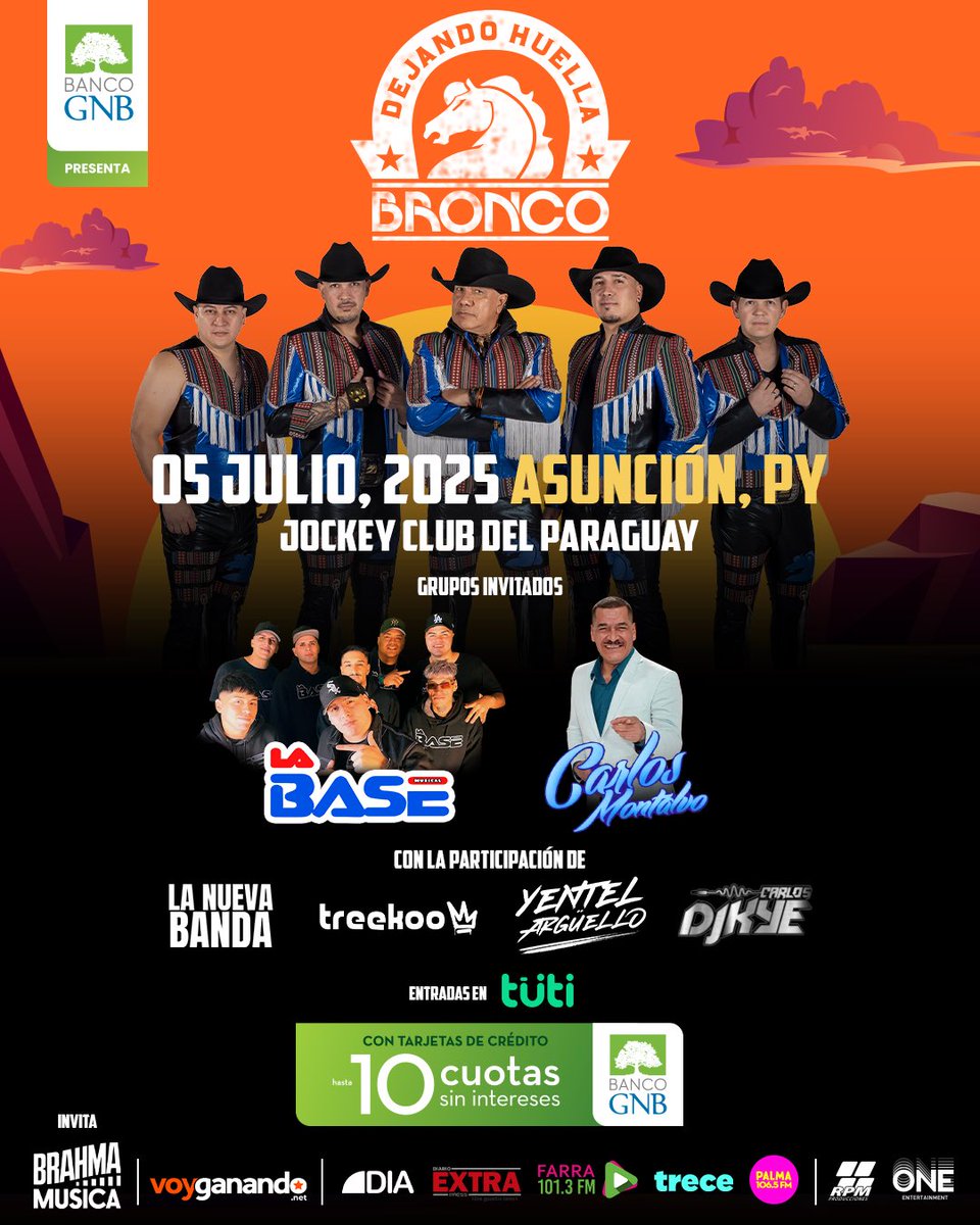🤠Una noche que hará historia 🎸

Bronco llega al Jockey Club del Paraguay para Dejar Huella🔥🐴

🗓️ 5 de Julio 

Presenta <a href="/BancoGNBpy/">Banco GNB Paraguay</a> 
Invita <a href="/Brahma_Py/">Brahma</a> 
Auspicia <a href="/voyganando_py/">Voyganando.net</a> 

💳 Con tarjetas de crédito Banco GNB tenes hasta en 10 cuotas sin intereses.

🎫  Entradas