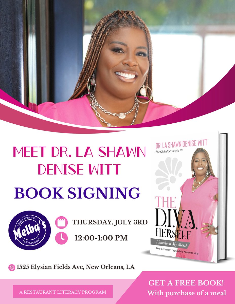 New Orleans, you’re up first! 

Join me tomorrow for an exclusive book signing + lunch — and guess what? You’ll receive a FREE copy of my book! 

Come eat, connect, and get inspired. I can’t wait to see you there! 💜⚜️

#EssenceFestival  #BookTour #TheDivaHerself #NewOrleans