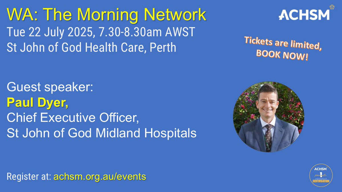 ⌛ Tickets are running out, Don't miss out❗
WA Morning Network with Paul Dyer
This event is capped at 18 participants.
Date: Tuesday, 22 July 2025
Time: 7.30am – 8.30am AWST
Venue: St John of God Health Care Office
To register: achsm.org.au/events/wa-morn…