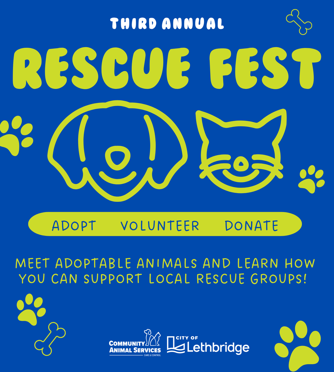 Interested in fostering or adopting? Want to help local animals by giving your time or a donation? Join us for Rescue Fest and connect with numerous local animal rescue organizations all in one place.

⏰ Saturday, July 5, from 11 am to 3 pm
📍Leth Animal Shelter at 2405 41 St N