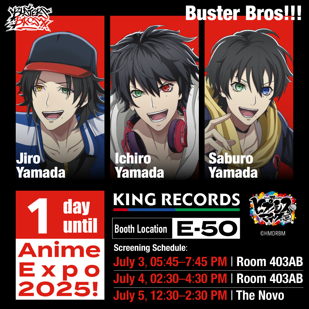 1 day until #AX2025!
Meet Ichiro, Jiro and Saburo from Buster Bros!!!, the Ikebukuro Division of HYPNOSISMIC.🎤
They are very close brothers – Ichiro the eldest runs “Yorozuya Yamada” while raising his two little brothers, 
and Jiro and Saburo admire him so much, awws❤