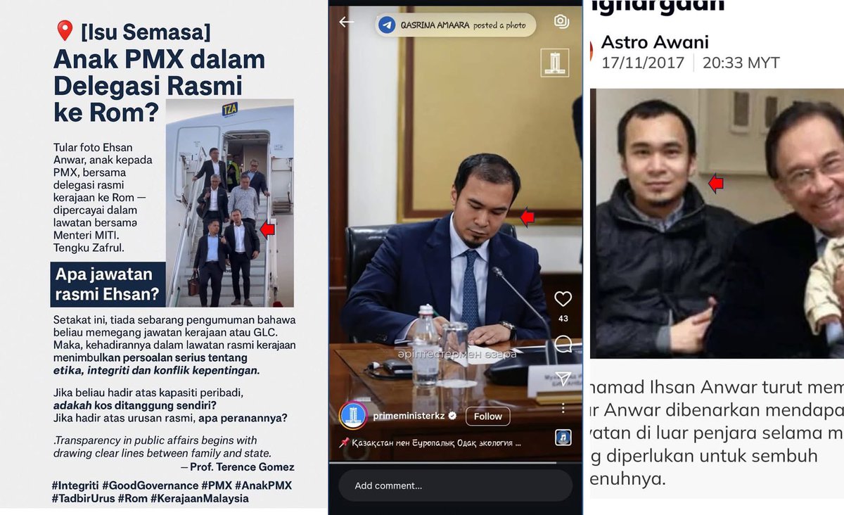 📍 Anak PMX ikut rombongan rasmi ke Rome.

Dua minggu lepas, dia juga ikut ke Kazakhstan &amp; duduk semeja dgn PM negara itu.

Soalan mudah:

👉 Apa jawatan rasmi anak lelaki PMX?

Kalau Nurul Izzah boleh diumum 2 kali, kenapa yang ni senyap? Ini urusan kerajaan atau urusan keluarga