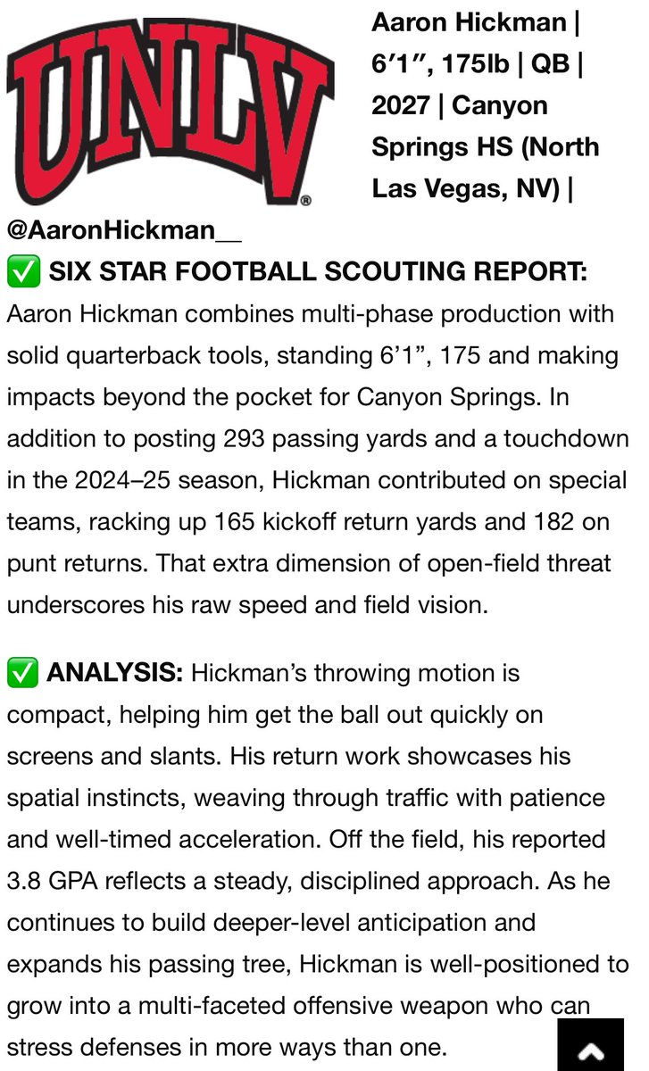 Aaron Hickman (@aaronhickman__) on Twitter photo I would like to thank <a href="/sixstarfootball/">Six Star Football | PLUS+</a> for give me a write-up based off my Performance at <a href="/unlvfootball/">UNLV Football</a> camp!!
<a href="/CoachQBurts/">Quincy Burts</a> <a href="/phase1football/">Donte Jasames, Phase1 Recruiting</a> <a href="/CoachSingler/">Mitch Singler</a> <a href="/MaxwellPCotton/">Maxwell Cotton</a> <a href="/CoachDanMullen/">Dan Mullen</a> <a href="/DA_1stStep/">Del Alexander</a> <a href="/CoachAMayes/">Adrian Mayes</a> <a href="/MikeWatersP1/">Mike Waters</a> I would like to thank <a href="/sixstarfootball/">Six Star Football | PLUS+</a> for give me a write-up based off my Performance at <a href="/unlvfootball/">UNLV Football</a> camp!!
<a href="/CoachQBurts/">Quincy Burts</a> <a href="/phase1football/">Donte Jasames, Phase1 Recruiting</a> <a href="/CoachSingler/">Mitch Singler</a> <a href="/MaxwellPCotton/">Maxwell Cotton</a> <a href="/CoachDanMullen/">Dan Mullen</a> <a href="/DA_1stStep/">Del Alexander</a> <a href="/CoachAMayes/">Adrian Mayes</a> <a href="/MikeWatersP1/">Mike Waters</a>