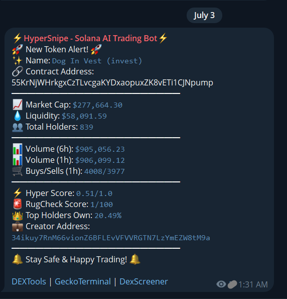 hypersnipebot's tweet photo. 🚨 New Snipe Alert: $INVEST 🚀

📈 Detected by HyperSnipe at just $277K MC, this meme rocket blasted to $6M+ in minutes — that’s 21x gains.
No guessing. No delays. Just precise AI-powered execution.
🤖 HyperSnipe filters 1000s of tokens, and only auto-snipes the ones worth your SOL.
This is just the beginning.

🧠 Built different. Leading the future.
#Solana #DeFi #CryptoAI #MemeCoin #SniperBot #HyperSnipe #CryptoBot #SolanaGems #INVEST #Altcoins #Web3