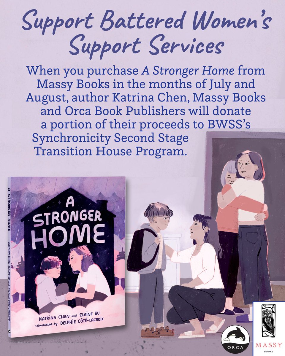 KatrinaCHome's tweet photo. Support a meaningful cause! 💜
When you purchase #AStrongerHome from @MassyBooks (online or join us July 6!) in July/Aug, Massy Books, @orcabook & I will donate some/all proceeds to @EndingViolence’s Synchronicity Second Stage Transition House.
Let’s help build safer futures.🏡 https://t.co/VLdwlRUqcW