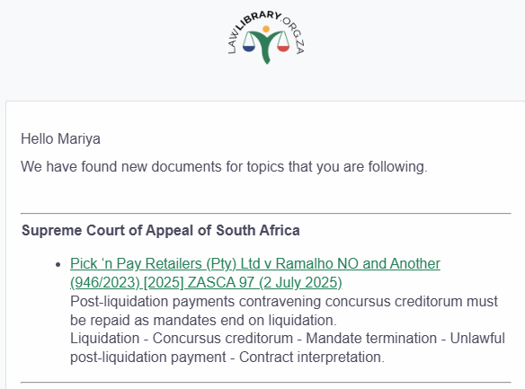 lawlibraryZA's tweet photo. https://t.co/nYcJSZ6gng has made it so much easier to follow developments in law on the topics you care about. Search, topic and court alerts now deliver short summaries of cases directly into your inbox! 
I ❤️ MyLawLibrary !  #openlawafrica #MyLawLibrary https://t.co/ZWoM8RGEKw